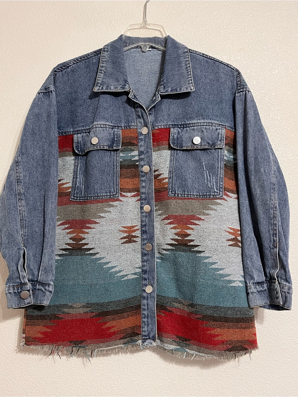 Southwestern Aztec Print Denim Shirt Shacket Jacket Long Sleeve Women’s Size S